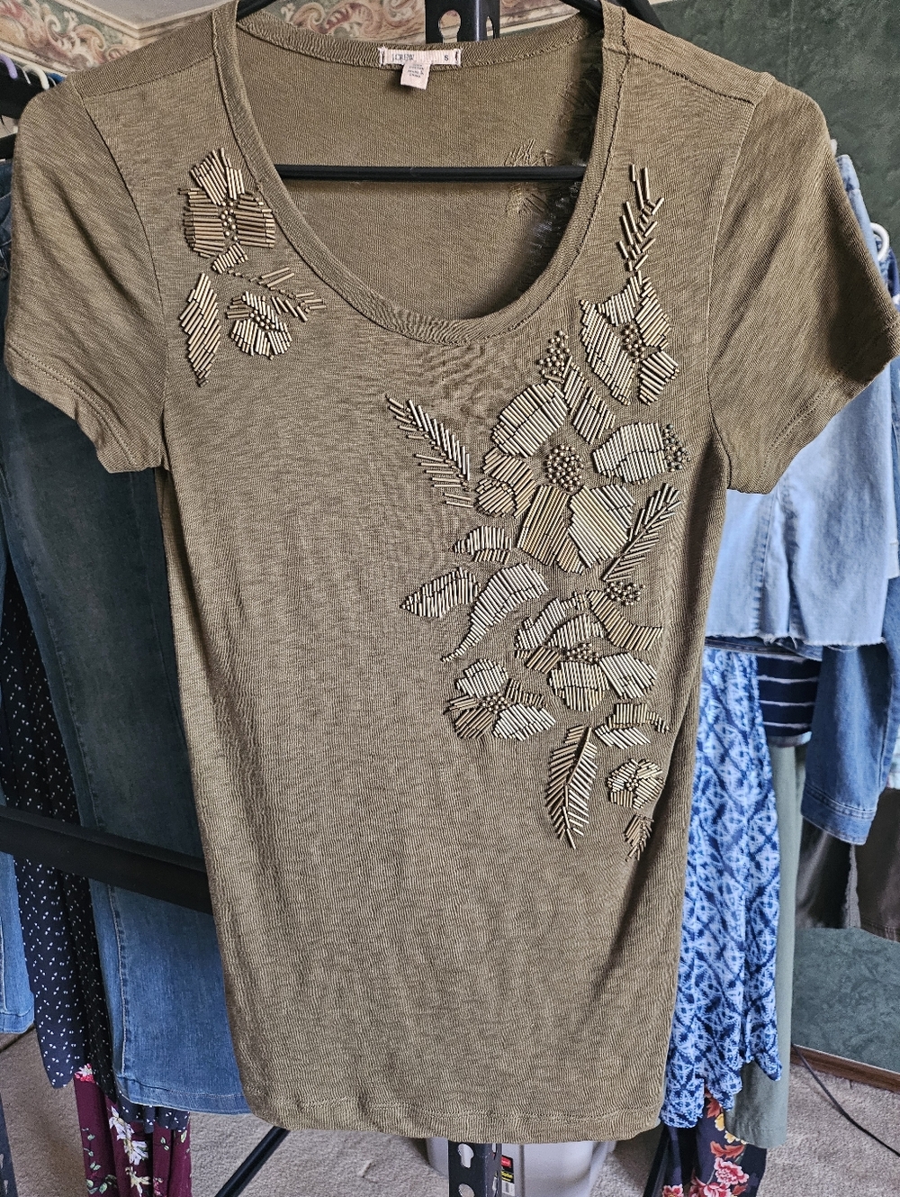Vintage J Crew Beaded Olive Green Tee